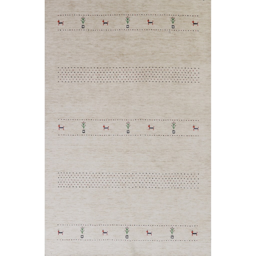 Hand Knotted Oriental 100% Wool Carpet Tribal Animal Pictorial Beige & Ivories Gabbeh Area Rug - 7' 11'' X 5' 1''