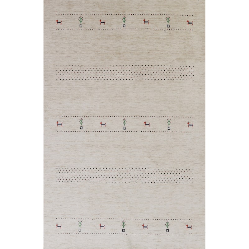 Hand Knotted Oriental 100% Wool Carpet Tribal Animal Pictorial Beige & Ivories Gabbeh Area Rug - 7' 11'' X 5' 1''
