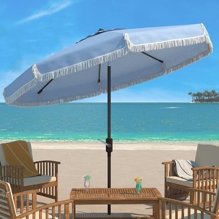 SAFAVIEH Milan 9ft Round Outdoor Patio Umbrella with Fringe Trim - UV Resistant, Crank Lift & Button Tilt