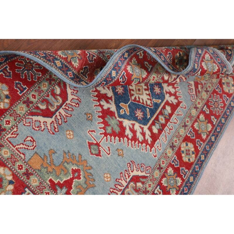Light Blue Geometric Kazak Rug Handmade Traditional Wool Carpet - 3'0" x 4'11"