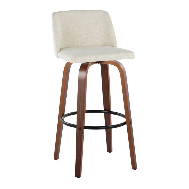 Carson Carrington Vallberga 30" Fixed-Height Bar Stool with Walnut Wood Base (Set of 2) - Cream Fabric/Round Black Footrest