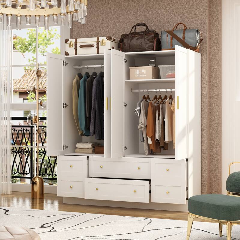White Wardrobe Closet with Gold Handles - Modern Storage Cabinet with Drawers