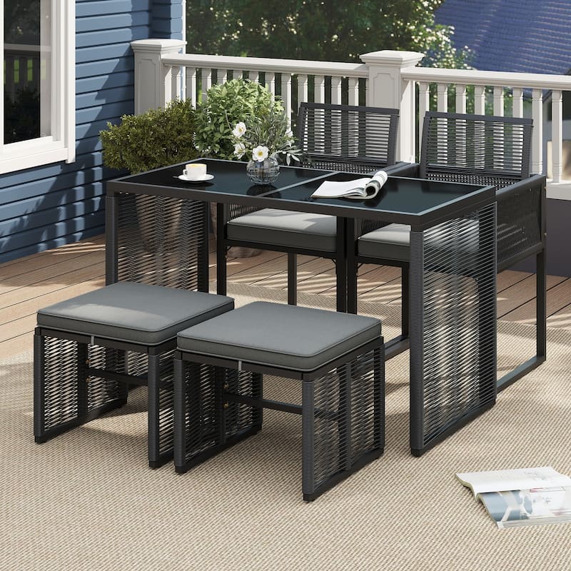 5 Piece Outdoor Patio Set with Cushions and Glass Table for Backyard - 45" x 22" x 28"