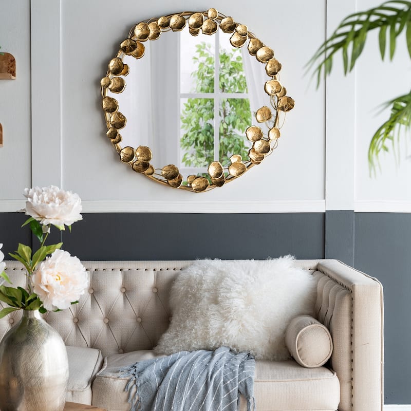 35" Round Metal Wall Mirror with Golden Leaf Accents