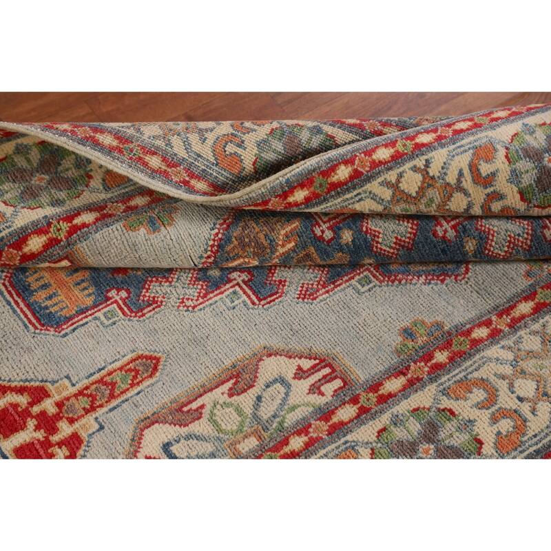 Geometric Grey Kazak Oriental Accent Rug Hand-Knotted Wool Carpet - 3'3"x 4'11"