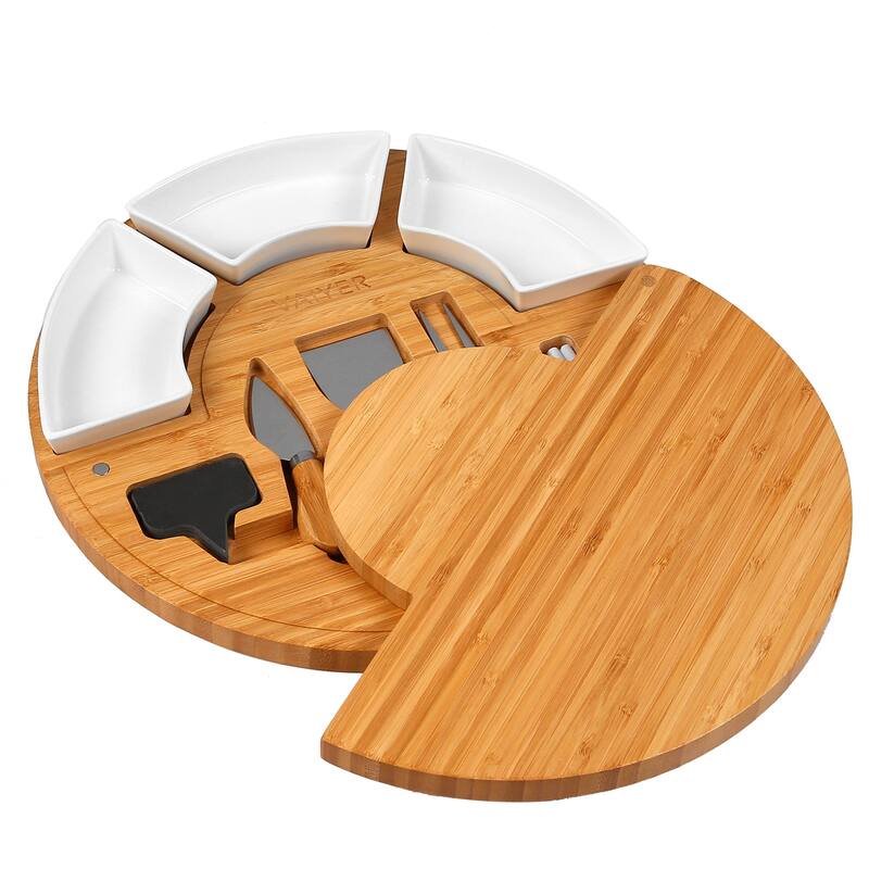 Vaiyer Charcuterie Cheese Cutting Board Set w/ Slide Out Board w 3 Knives, 3 Ceramic Bowls w 2 Slate Labels & Chalk Marker
