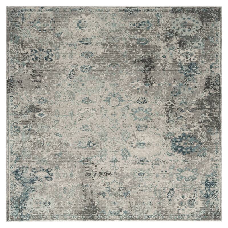 Porch & Den Hogan Distressed Ivory / Blue Geometric Area Rug - 6' Square - Ivory / Blue