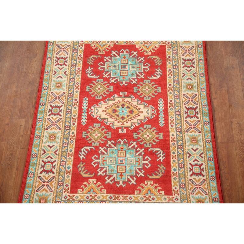 Kazak Rug Hand-Knotted Geometric Red Wool Carpet - 3'3"x 4'10"