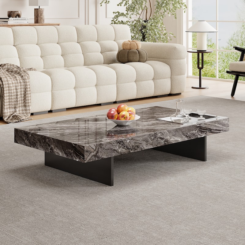 Modern 42" Faux Marble Square Coffee Table，Glossy Sintered Stone Tabletop - Rectangular-Black
