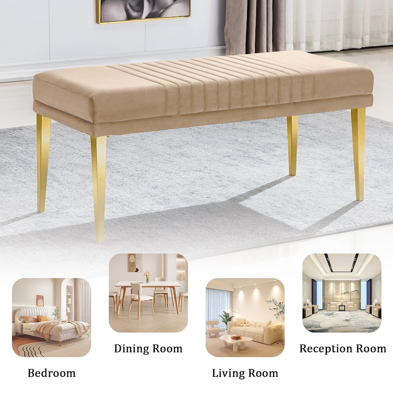 Modern Luxury Upholstered Bench Dining Room Channel Ottoman with Gold Stainless Steel Legs