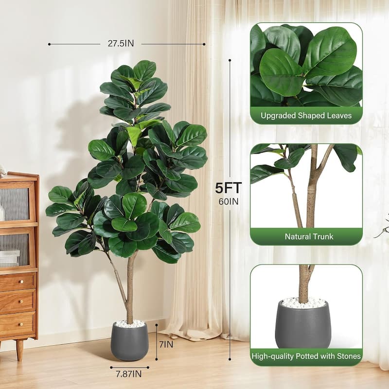 Artificial Fiddle Leaf Fig Tree with Black Planter Pot for Home Decor