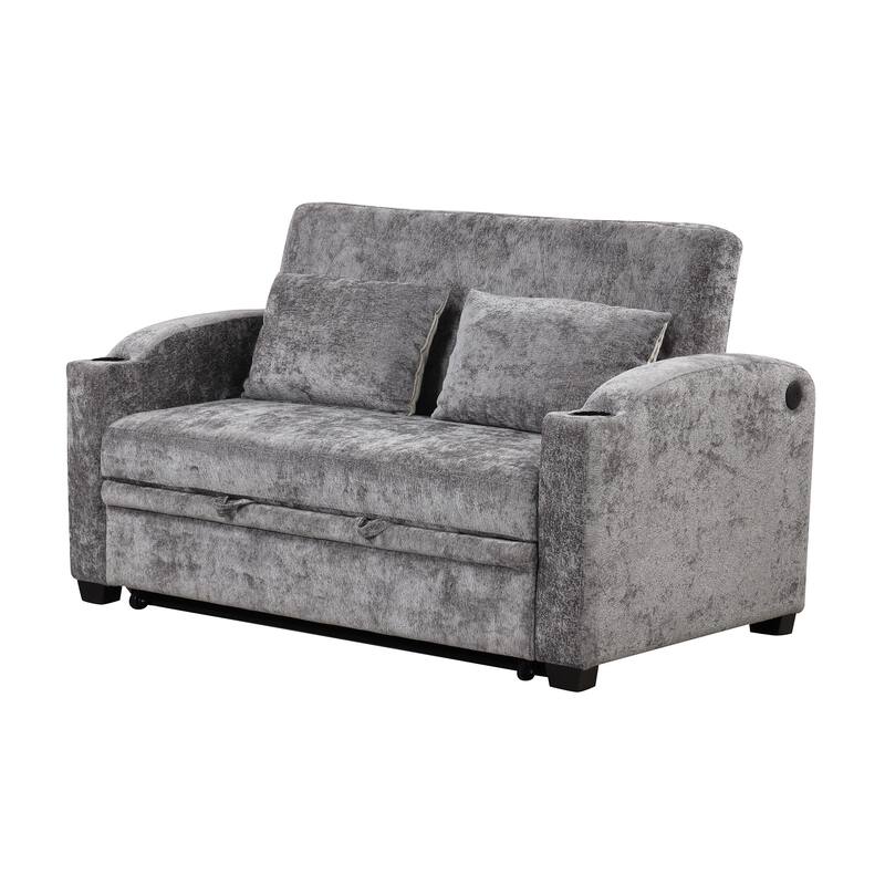 Chenille Convertible Loveseat Sofa Bed with Adjustable Backrest, USB Ports, and Cup Holders
