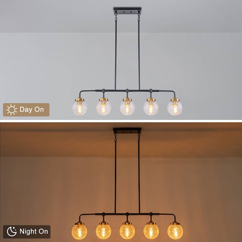 5-Light Crackled Glass Globe Linear Island Pendant Light Modern - Dia.38.19-in