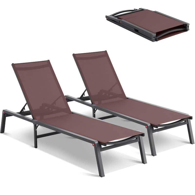 5-Position Adjustable and Foldable Chaise Lounge Chair with Aluminum Frame Perfect for Outdoor Use - 71.65" x 23.43" x 34.84" - Brown-2-Pieces