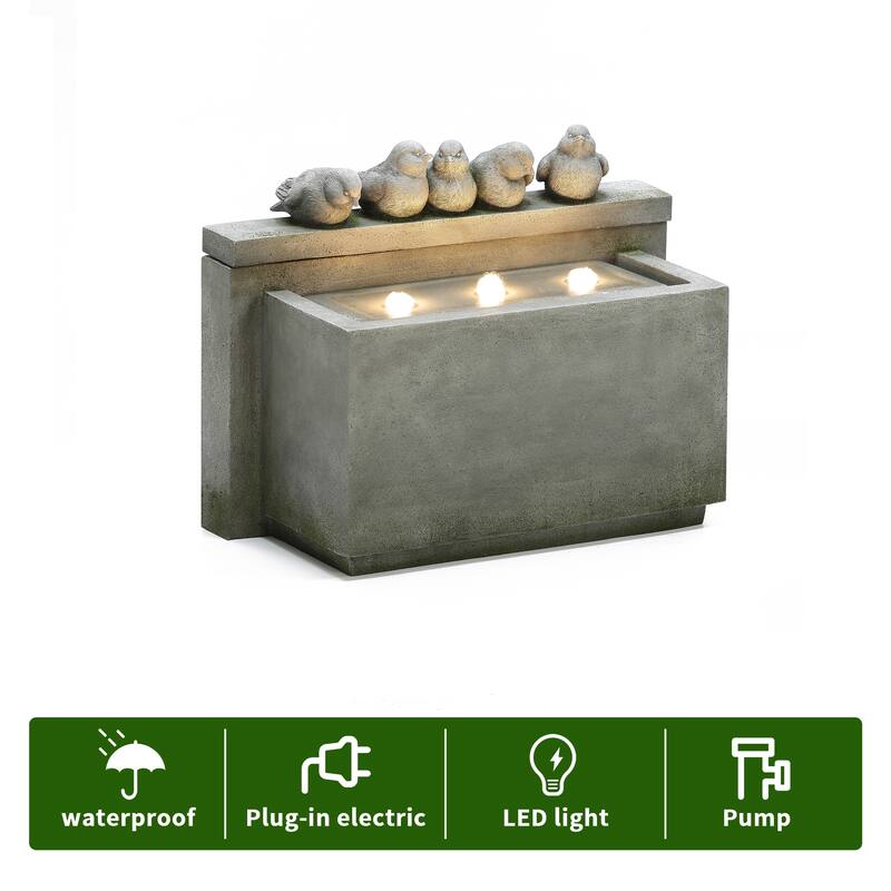 Gray Resin Rectangular Birds Outdoor Fountain with Lights