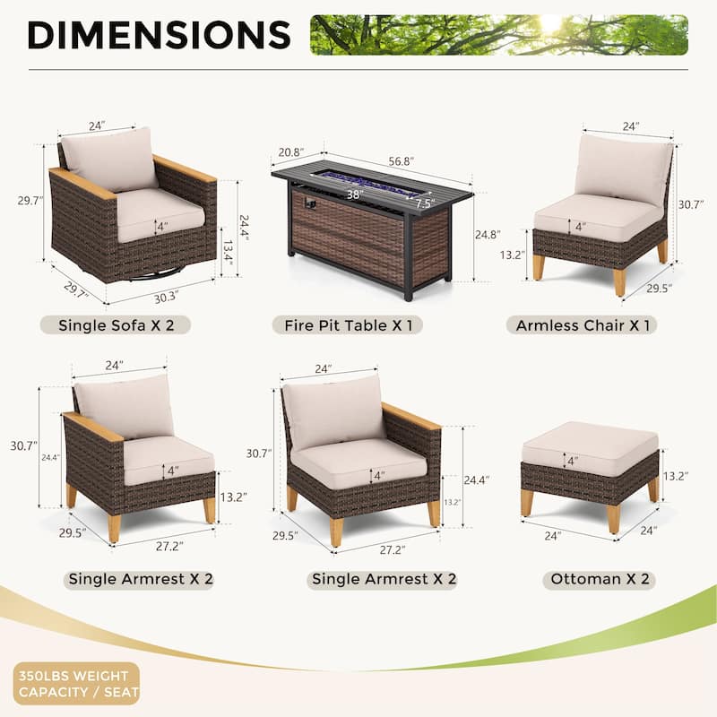 10 Piece Patio Wicker Rattan Furniture Set, Half-Moon Rattan Conversation sets with 2 X Swivel Chair Sofa and Firepit Table