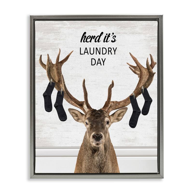 Stupell Laundry Elk with Hanging Socks Framed Floater Canvas Wall Art Design By Lettered and Lined - 17 x 21 - Grey