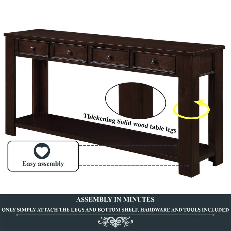 Pine Wood Console Table with 4 Drawers and Bottom Shelf for Entryway Hallway