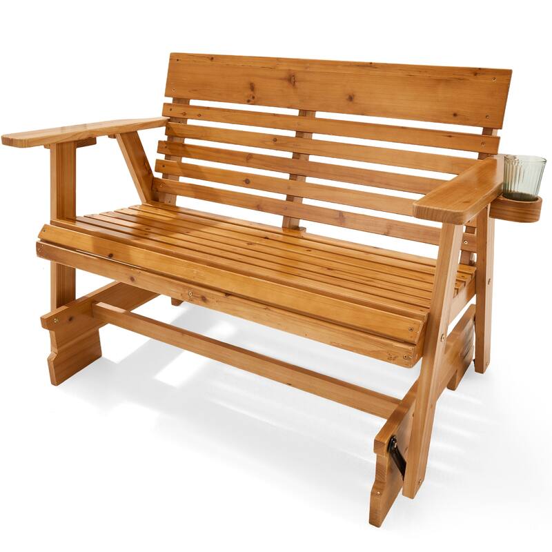 EROMMY Outdoor Wooden Glider Rocker Chair, High Backrest Patio Rocker with Cup Holders, Single & Double Options