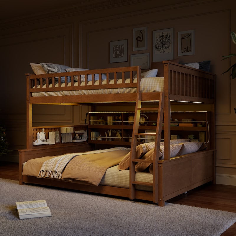 Full XL over Queen/Full over Full Bunk Bed with Integrated Shelving, Color-Changing Lights & Pegboard