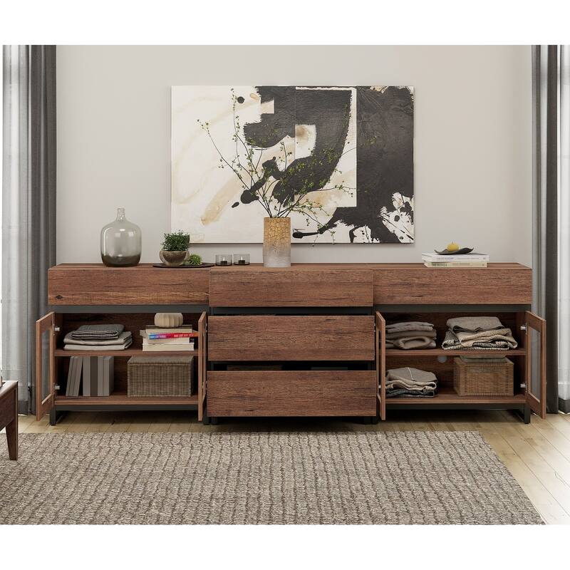 WAMPAT 3 in 1 Multifunctional Dresser with Glass Doors and 5 Drawers, Modern Chest of Drawers for Bedroom