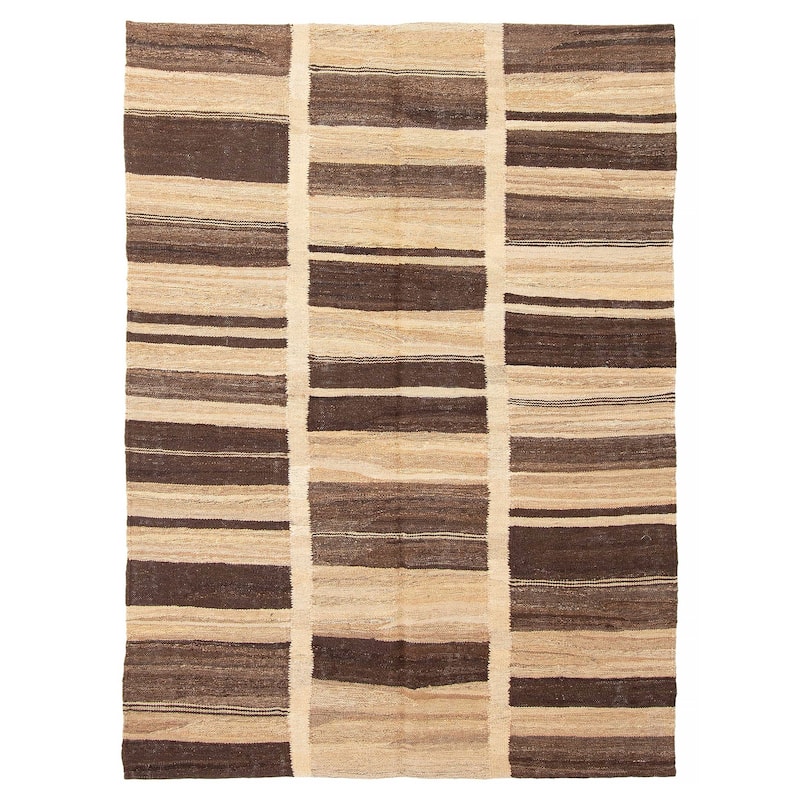 ECARPETGALLERY Flat-Weave Boho Beige Wool Kilim - 4'9 x 6'7 - Beige - 4'9 x 6'7