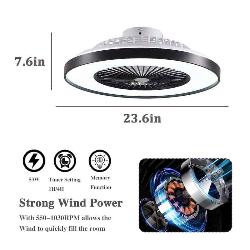23" Bedroom Fan Light with Remote Control and Reversible DC Motor