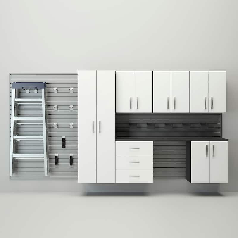 Flow Wall 24 Piece PVC Indoor Deluxe Cabinet Storage Set - Silver Slatwall / White Cabinets