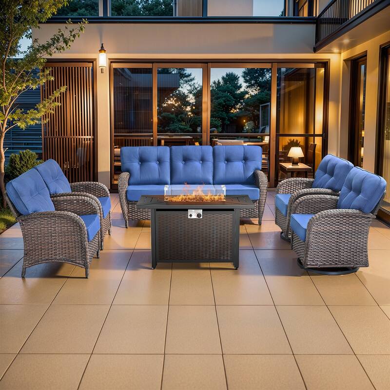 Pocassy Outdoor 43 In Fire Table with Sofa Patio Swivel Chair Set - Brown Wicker Blue Cushion - 6-Piece Sofa Patio Swivel Chair with Fire Table