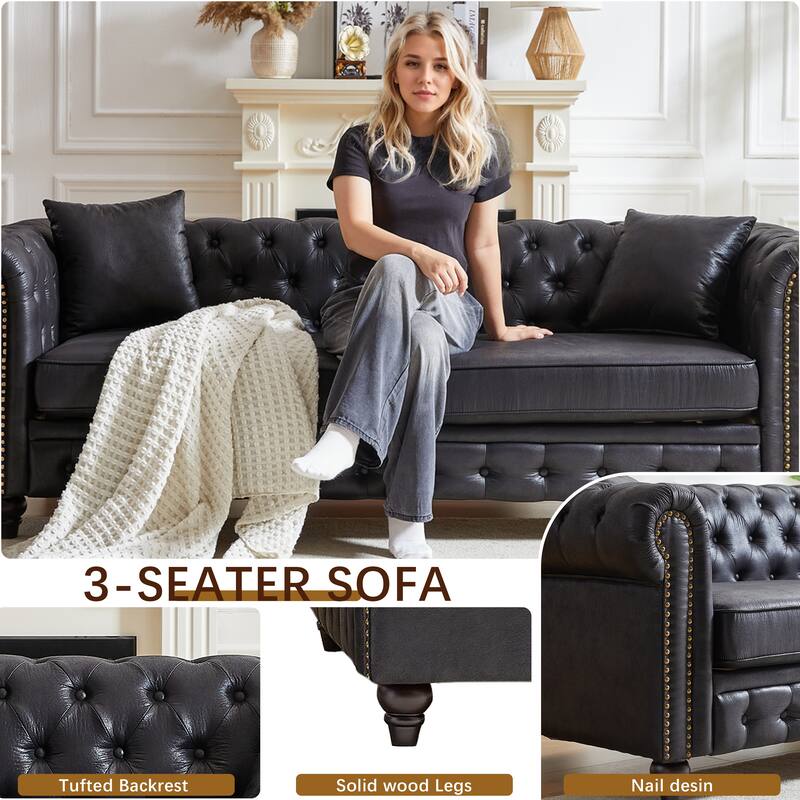 3-Seater Sofa with Tech Fabric, Rolled Arms, and Button Tufting for Living Room