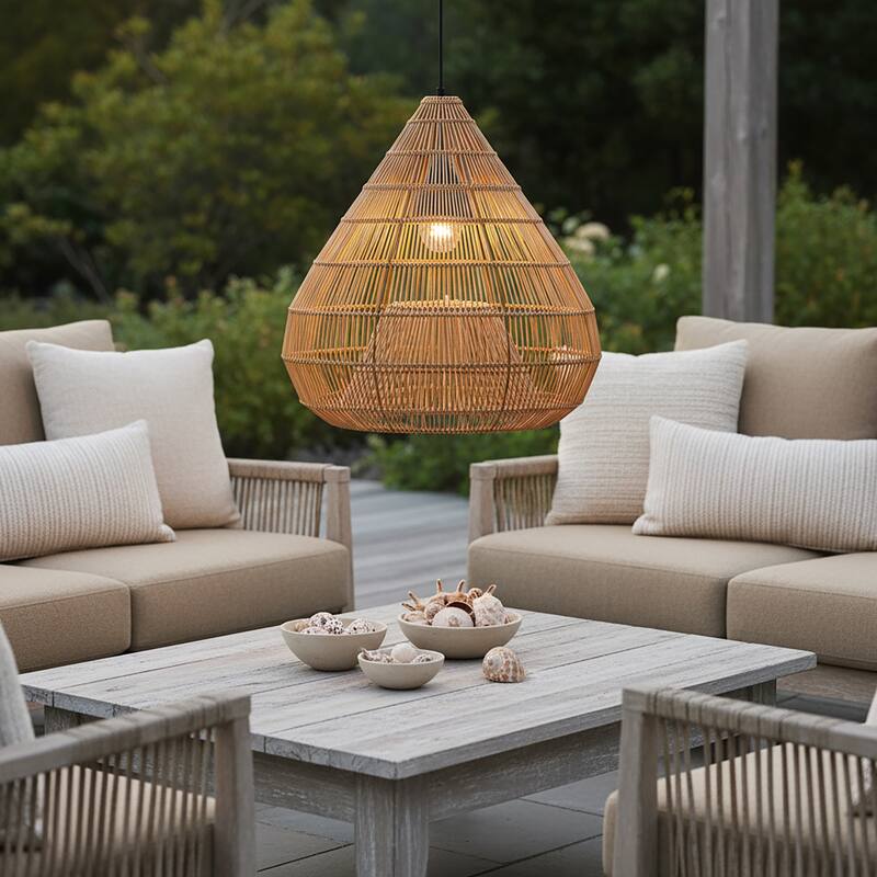 Serina 1-Light Wicker Outdoor Pendant Light, Coastal Boho Dome - Handwoven