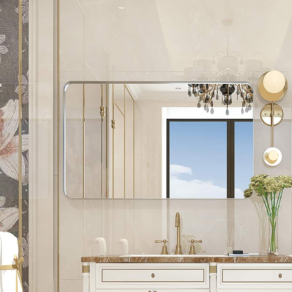36x30" Glossy Rectangle Metal Frame Wall Mounted Bathroom Mirror