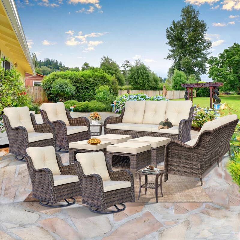 Wicker Outdoor Patio Furniture Seating Set with Swivel Rocker Chairs - 12 Piece - Beige