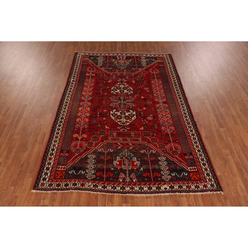 Hand Knotted Oriental 100% Wool Carpet Traditional Tribal Red Qashqai Area Rug - 9' 5'' X 6' 5''