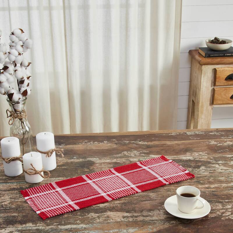 Eston Red White Plaid Runner Fringed 12x36 - 8x24