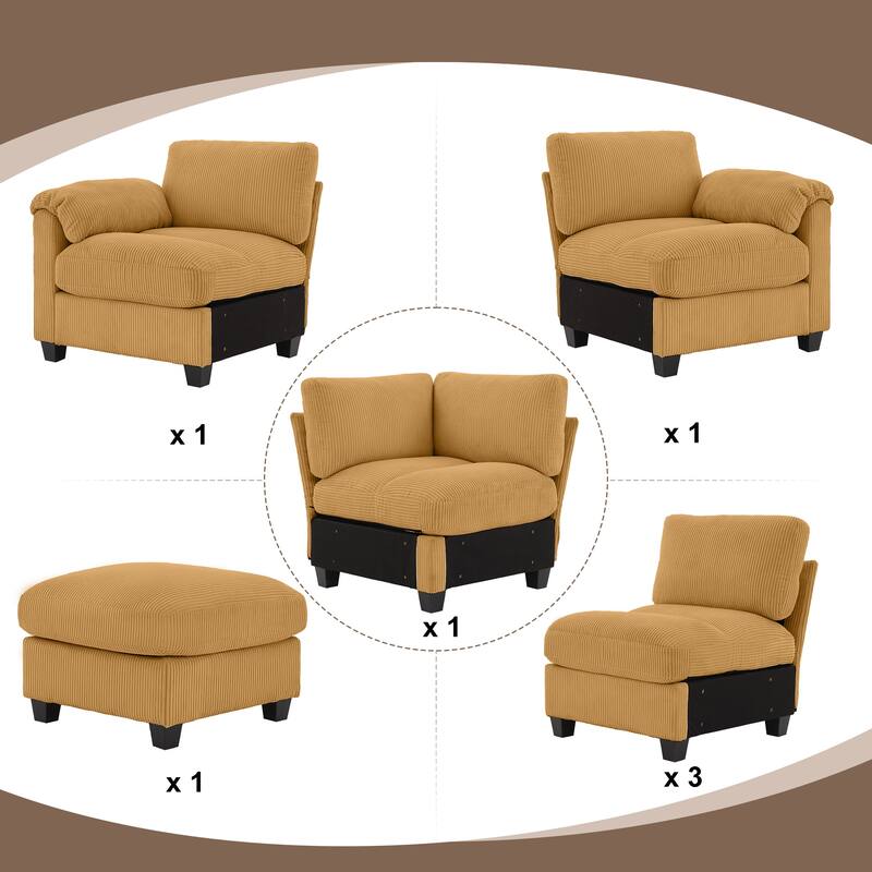 Corduroy Corner Sectional Sofas with a Removable Ottoman, L-shaped Reversible 7-seat Modular Couch