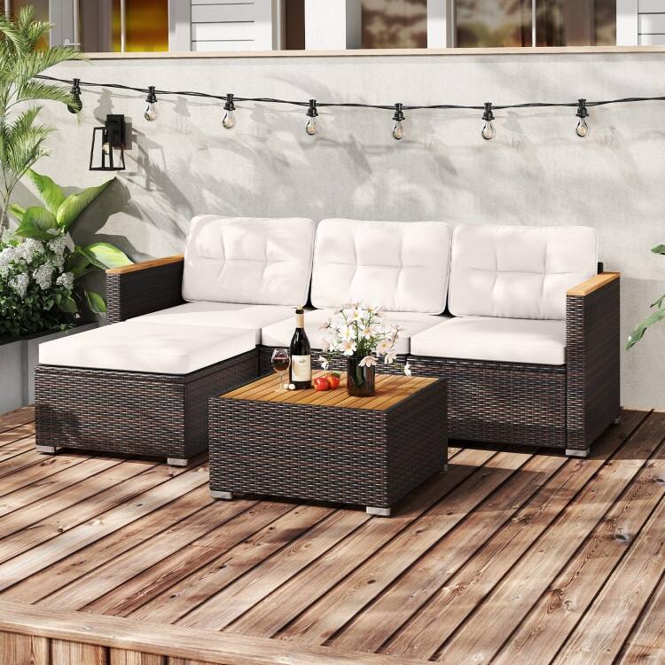 5 Piece Mix Brown Rattan Metal Outdoor Sofa Conversation Set with Off-White Cushions and Wood Table