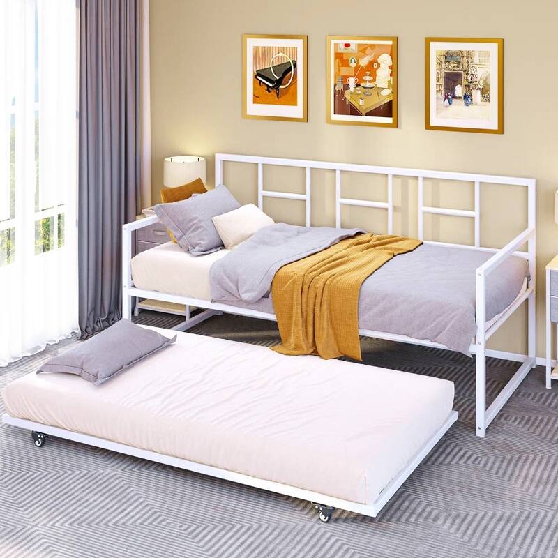 Twin Size White Metal Daybed with Roll Out Trundle Frame Heavy Duty Steel Sofa Bed with Wheels and Slats Included - White