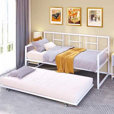Twin Size White Metal Daybed with Roll Out Trundle Frame Heavy Duty Steel Sofa Bed with Wheels and Slats Included