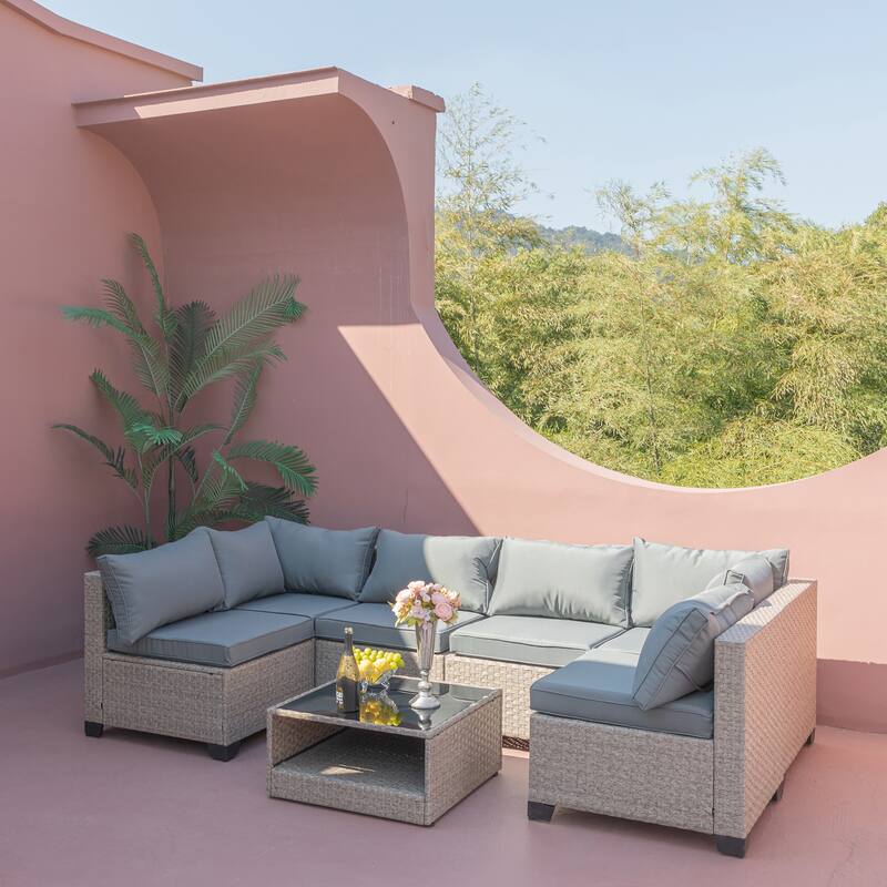 7-Piece Patio Furniture Set, All-Weather Boho Outdoor Conversation Set Sectional Sofa with Water Resistant Grey Thick Cushions - Beige+Grey