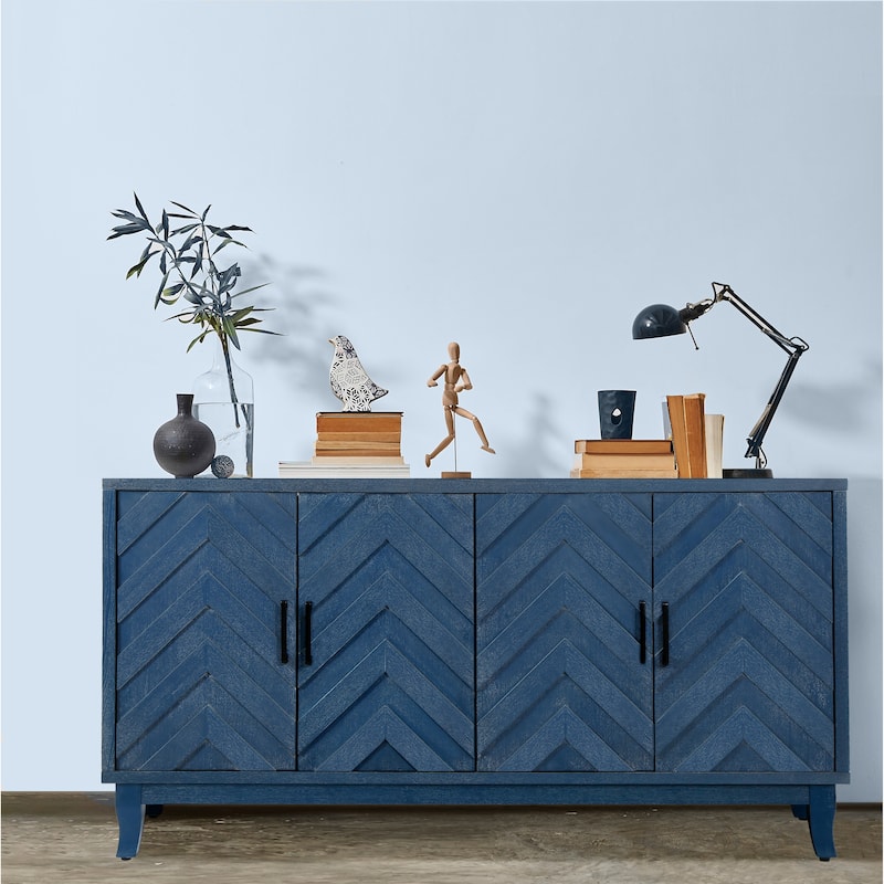 Sideboard Cabinet with 4 Doors, Kitchen Buffet Cabinet with Solid Wood Base, Coffee Bar Cabinet with Adjustable Shelves