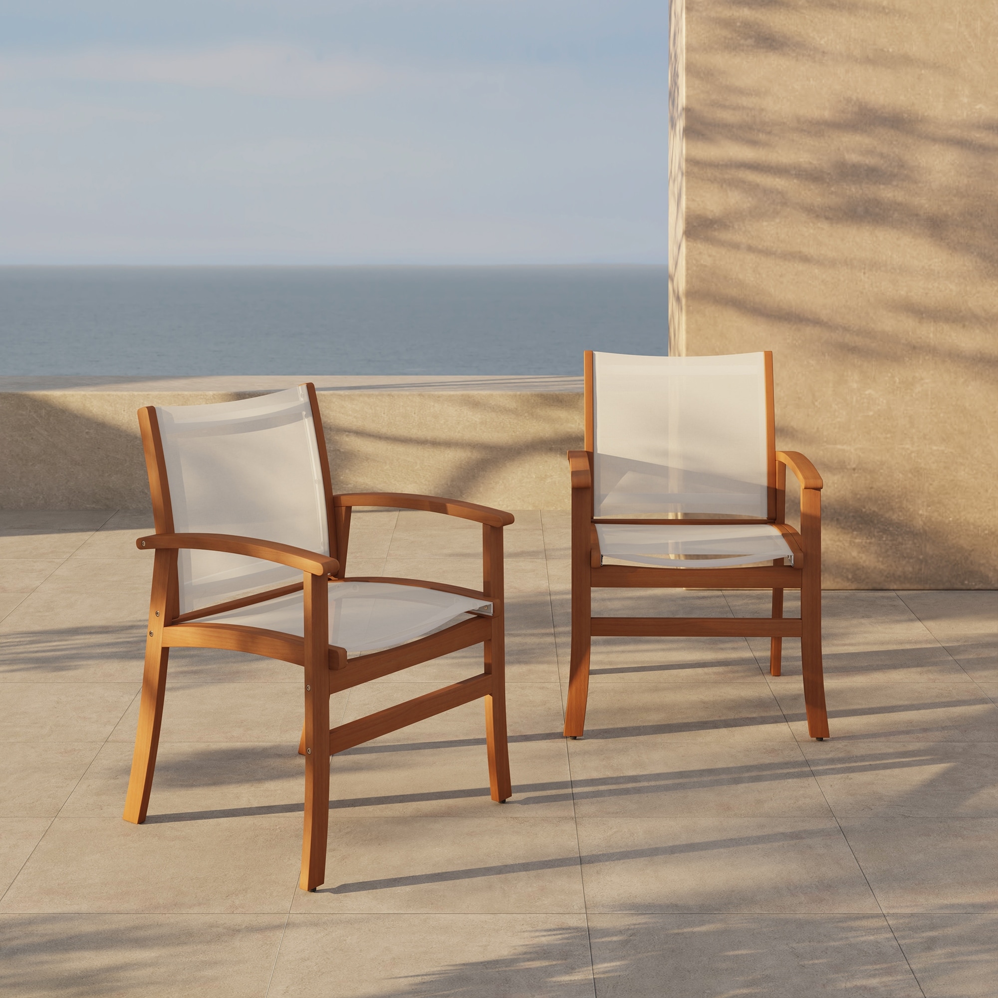 Acacia Wood Patio Dining Chairs with Breathable Textilene Mesh, Weather Resistant Outdoor Arm Chairs, Set of 2