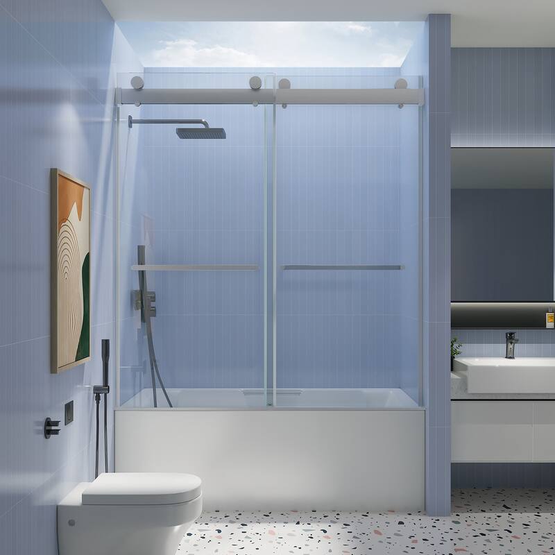 ABRUZZO 56-60" W x 62" H Frameless Double Sliding Tub Door with Soft-Close 5/16" (8mm) Tempered Glass - Brushed Nickel
