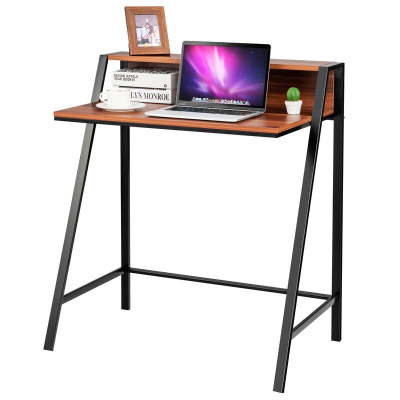 2 Tier Small Computer Desk Compact Home Office Desk Sturdy Workstation - Brown