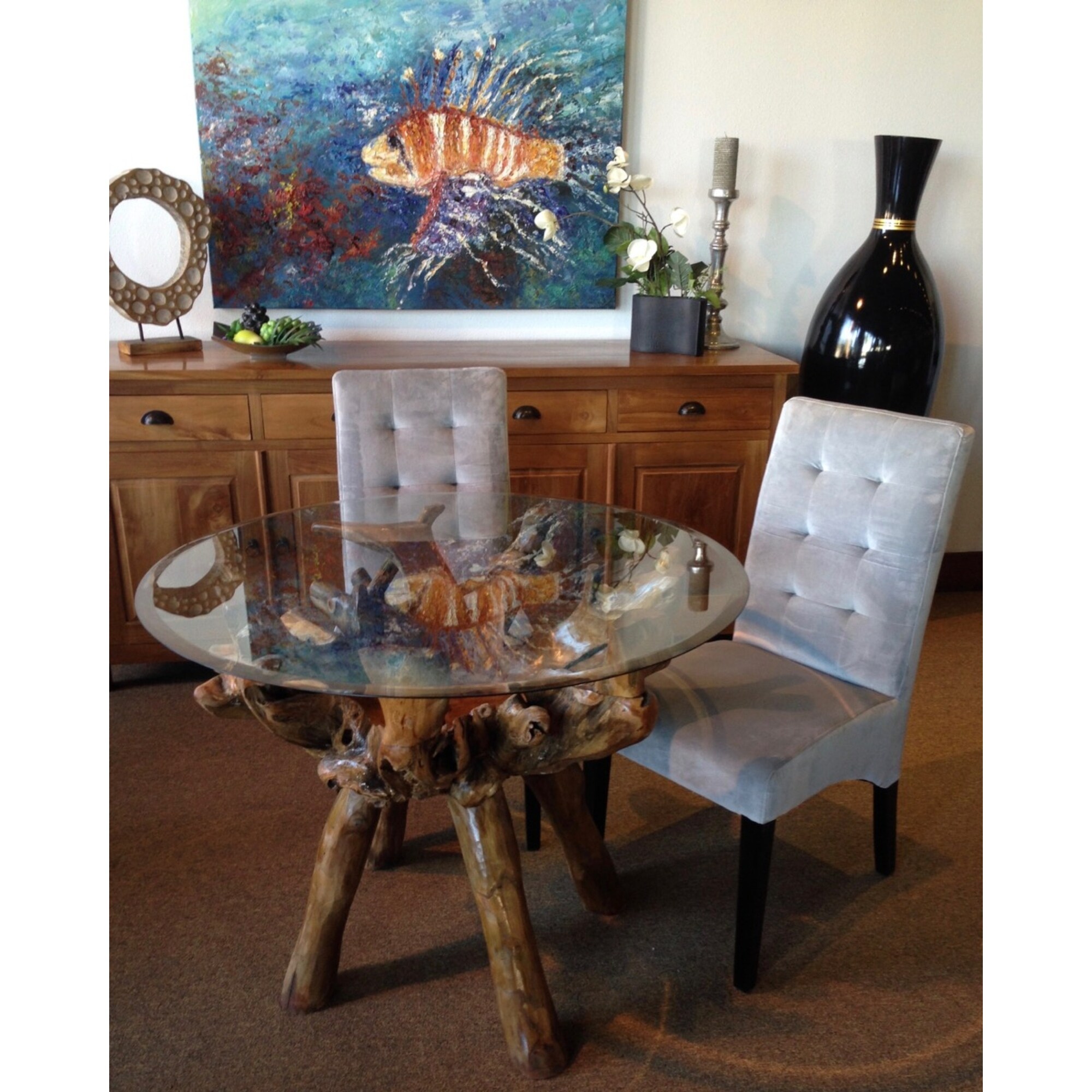 Shop Chic Teak Rustic Teak Wood Root Dining Table Including A Round 48 Inch Glass Top Overstock 31809124
