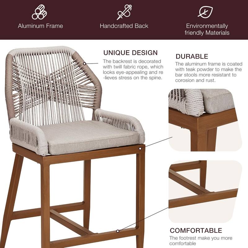Woven Outdoor Counter Height Bar Stools Chairs Set of 2, Rattan Garden Counter Stools with Aluminum Frame