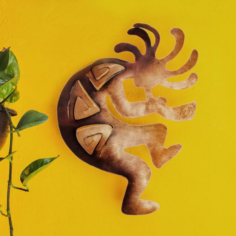 Handmade Kokopelli Peace Brown and Gold Iron Flute Player Wall Art (Mexico)