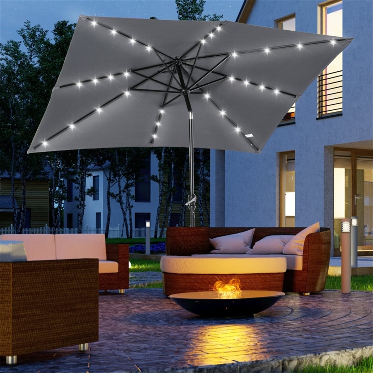 Outdoor Beach Umbrella with Solar LED Lights, Adjustable Shade for Patio, Deck & Yard - 105.6” L x 80.4” W x 97.2” H