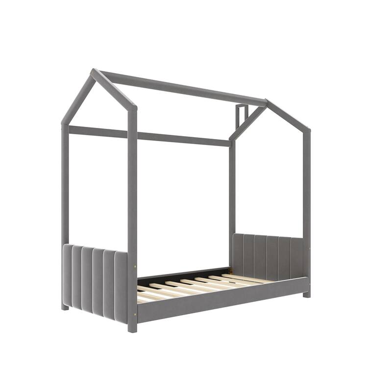 Modern Velvet Upholstered Playhouse Bed Frame with Wooden Slat Support