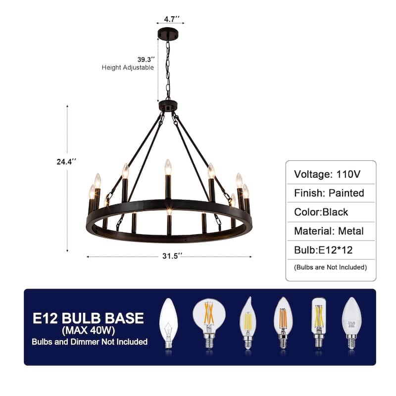 12-Light Wagon Wheel Chandelier, Vintage Ceiling Hanging Pendant Light Fixture